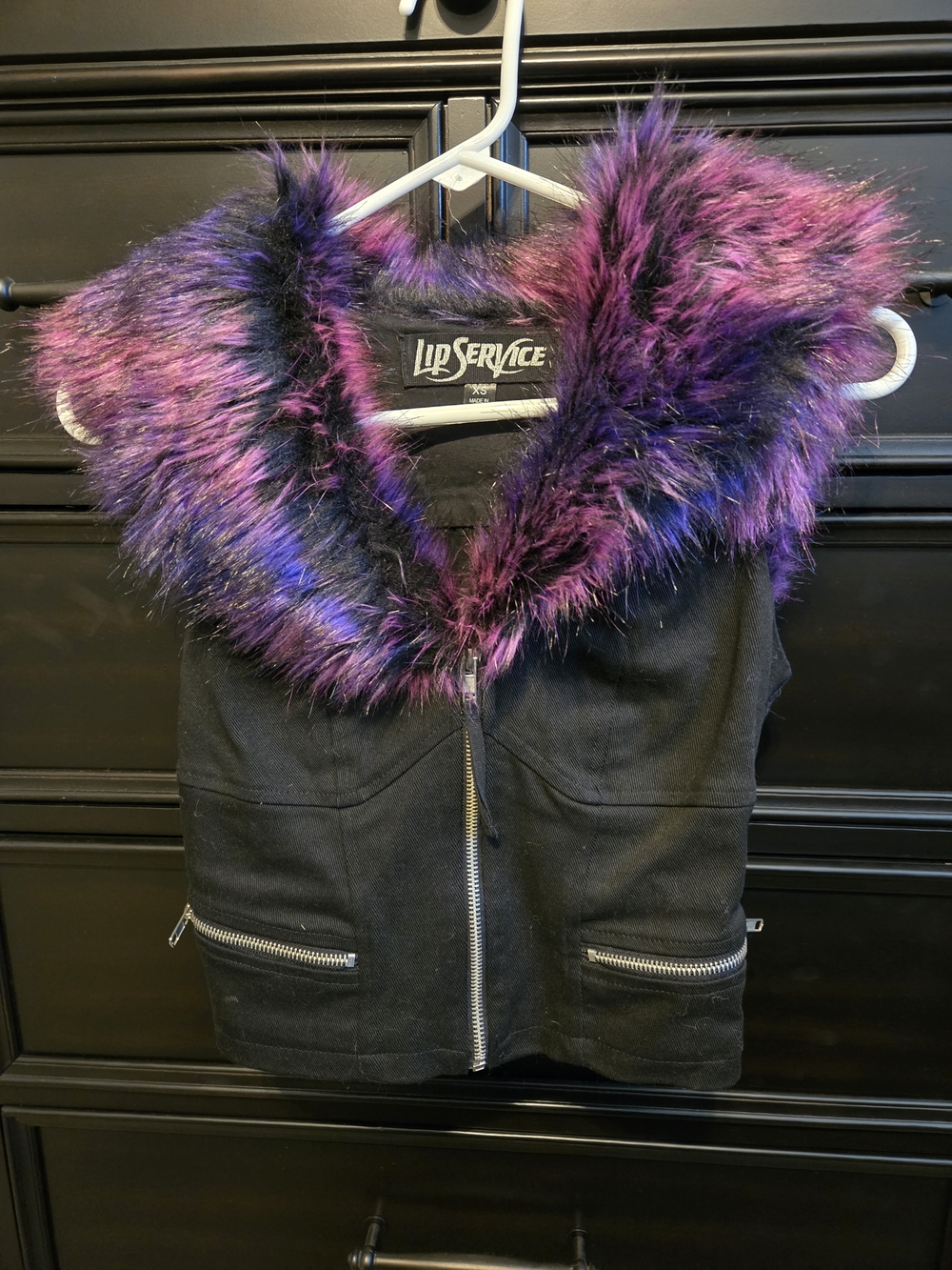 Lip Service Black Cybergoth Vest with Purple and Pink Faux Fur XS